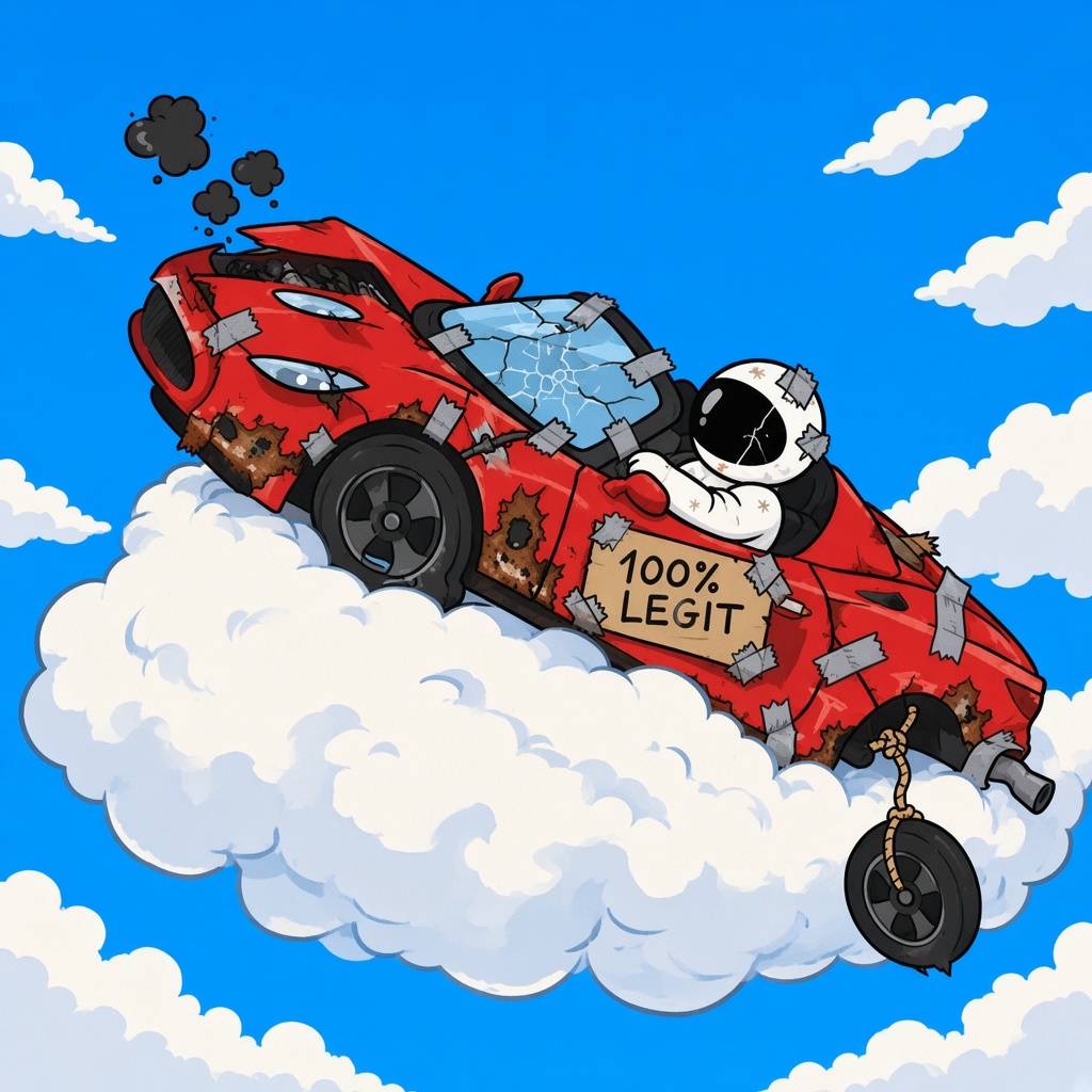 The roadster parked on a cloud