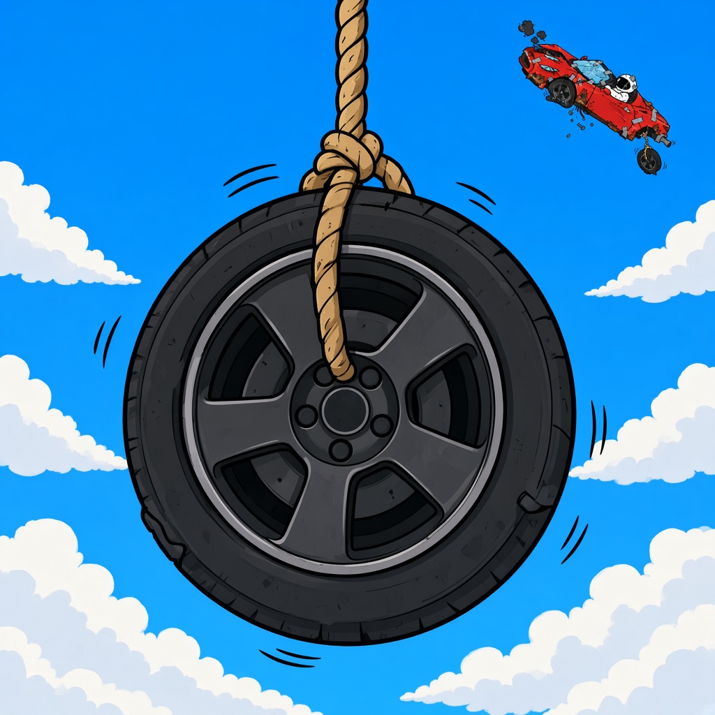 A wheel on a rope, with the roadster far away